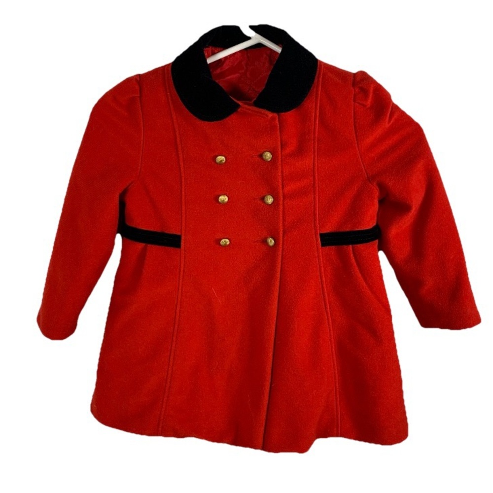 VTG Girls‎ Red Peacoat Coat 3T / 4T Black Velvet Bow Christmas Union Made USA